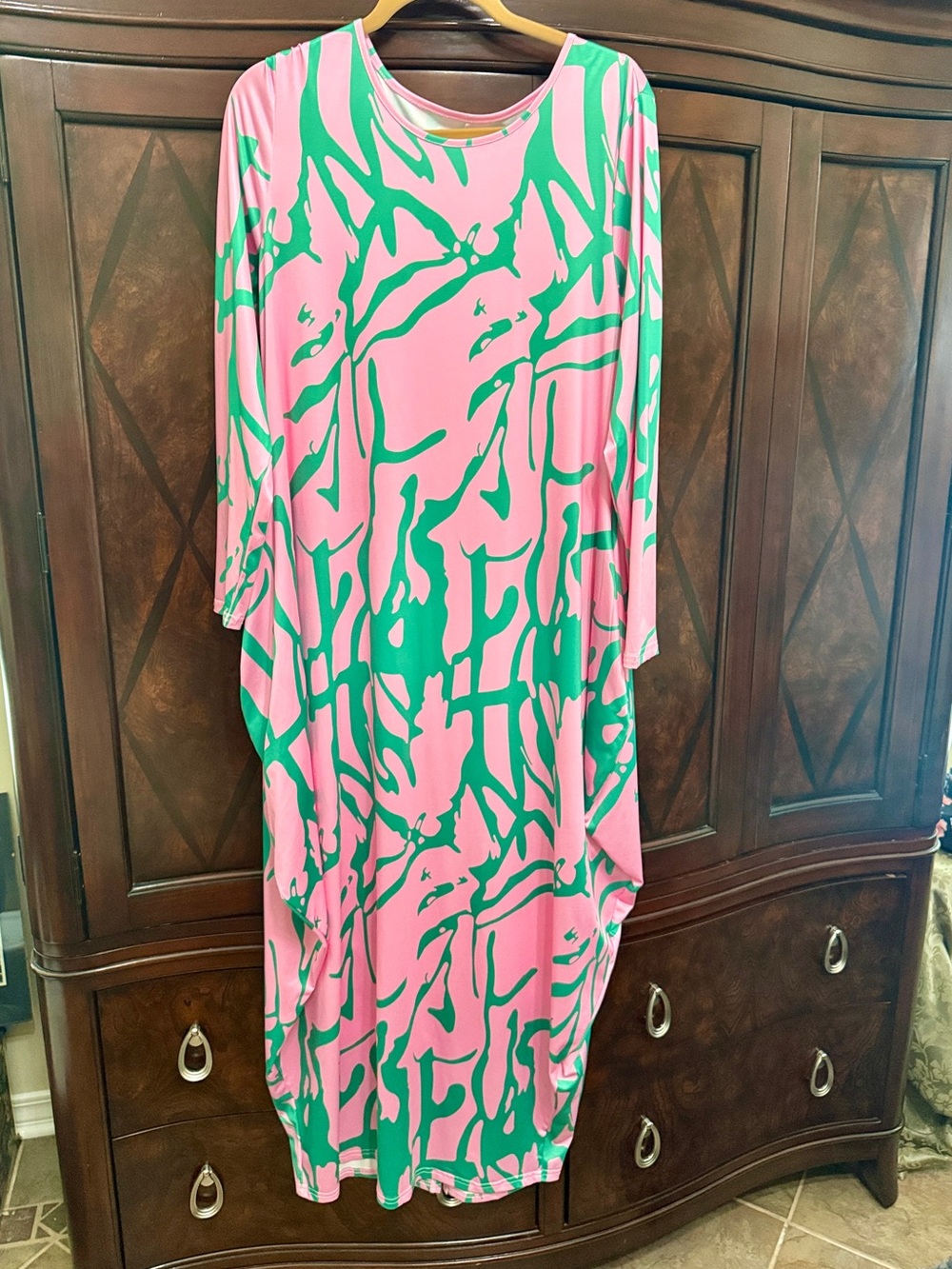 SHEIN Pink and Green Abstract Long Sleeve Maxi Dress NWOT Size 1X